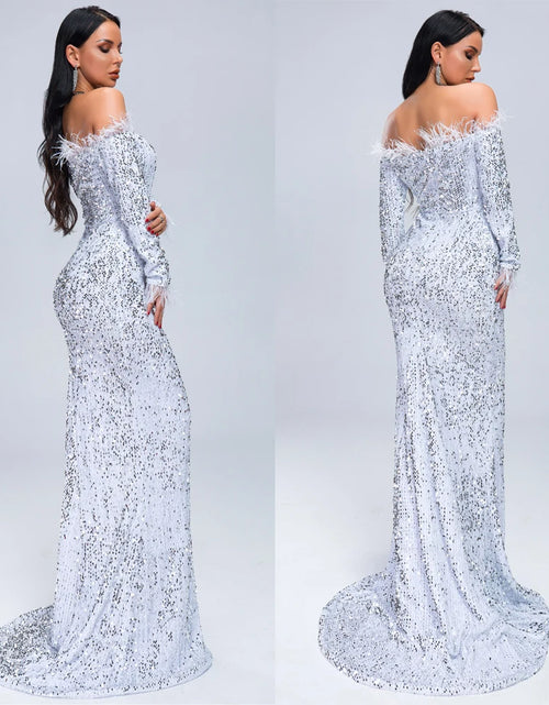 Load image into Gallery viewer, Glamour Redefined: Sequin Off-Shoulder Feather Detail Mermaid Evening Gown
