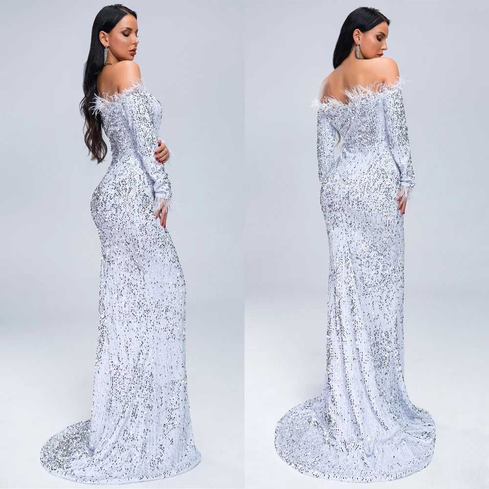 Glamour Redefined: Sequin Off-Shoulder Feather Detail Mermaid Evening Gown