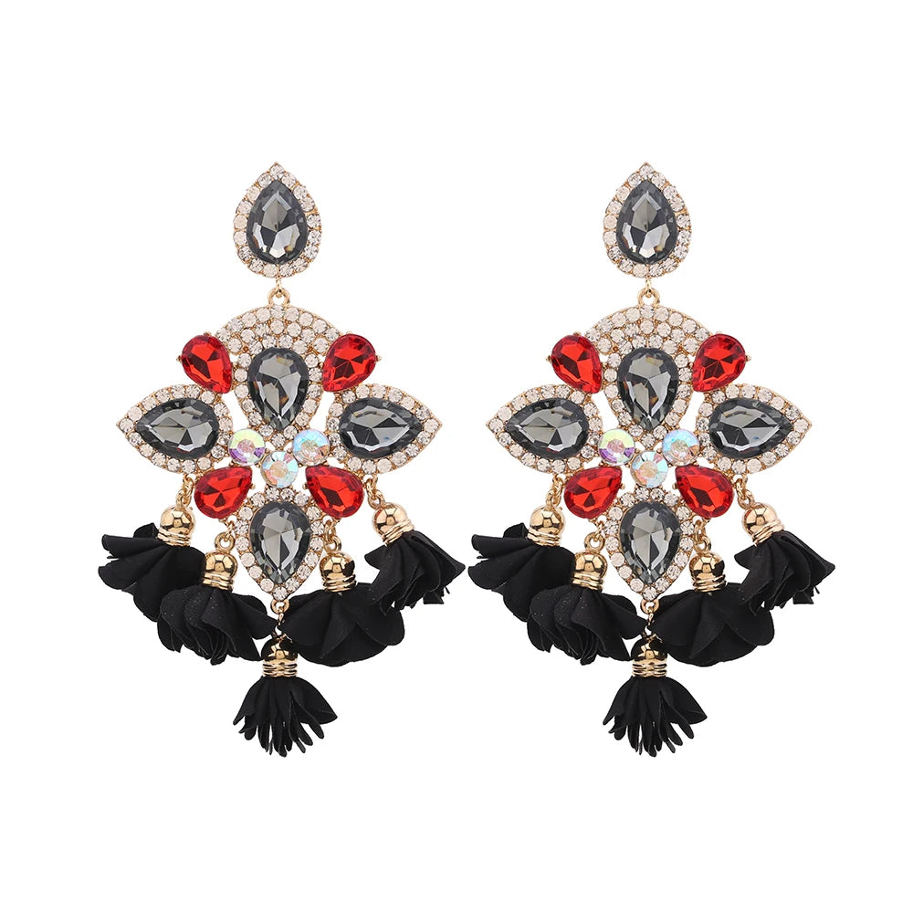 Boho Flower Tassel Earrings – Crystal Rhinestone Statement Jewelry for Women