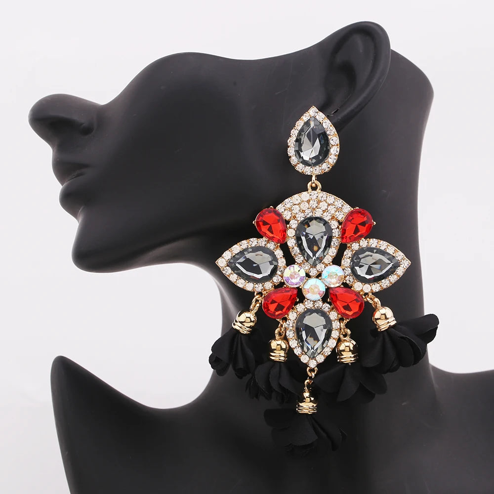 Boho Flower Tassel Earrings – Crystal Rhinestone Statement Jewelry for Women