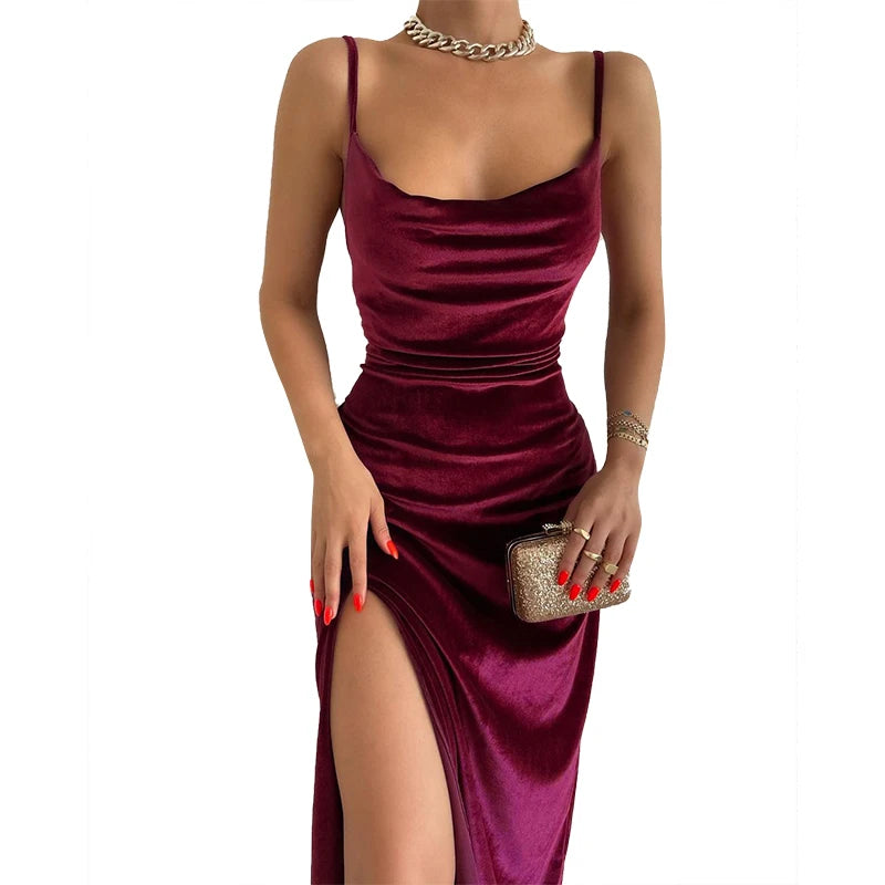 Velvet Swing Collar Sleeveless Slip Sexy Slit Maxi Dress New Fashion Evening Party Women Elegant Streetwear Y2K