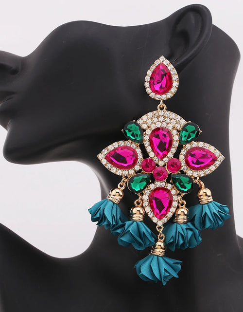 Load image into Gallery viewer, Boho Flower Tassel Earrings – Crystal Rhinestone Statement Jewelry for Women
