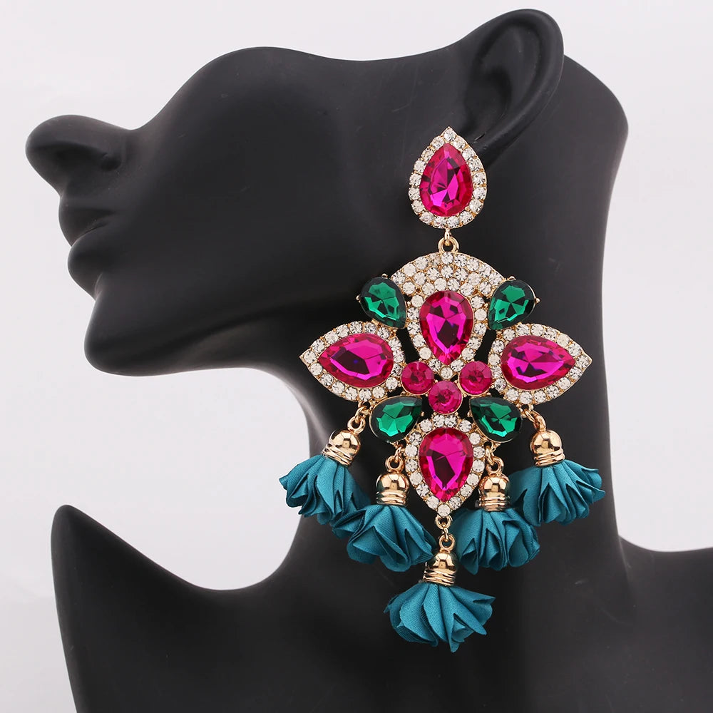 Boho Flower Tassel Earrings – Crystal Rhinestone Statement Jewelry for Women