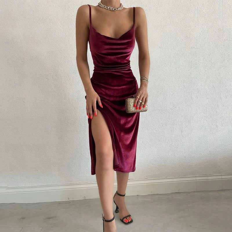 Velvet Swing Collar Sleeveless Slip Sexy Slit Maxi Dress New Fashion Evening Party Women Elegant Streetwear Y2K