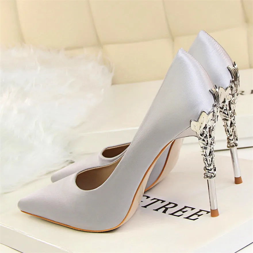 Elegant Metal Carved Heel Pumps – Silk Pointed Toe High Heels for Women