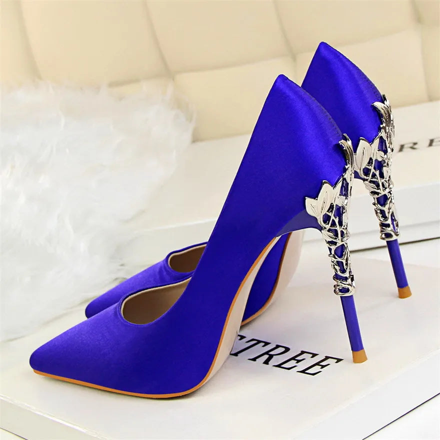 Elegant Metal Carved Heel Pumps – Silk Pointed Toe High Heels for Women