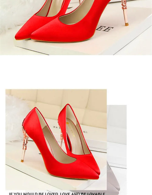 Load image into Gallery viewer, Elegant Metal Carved Heel Pumps – Silk Pointed Toe High Heels for Women
