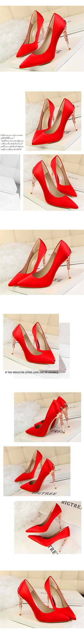 Elegant Metal Carved Heel Pumps – Silk Pointed Toe High Heels for Women