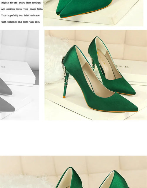 Load image into Gallery viewer, Elegant Metal Carved Heel Pumps – Silk Pointed Toe High Heels for Women
