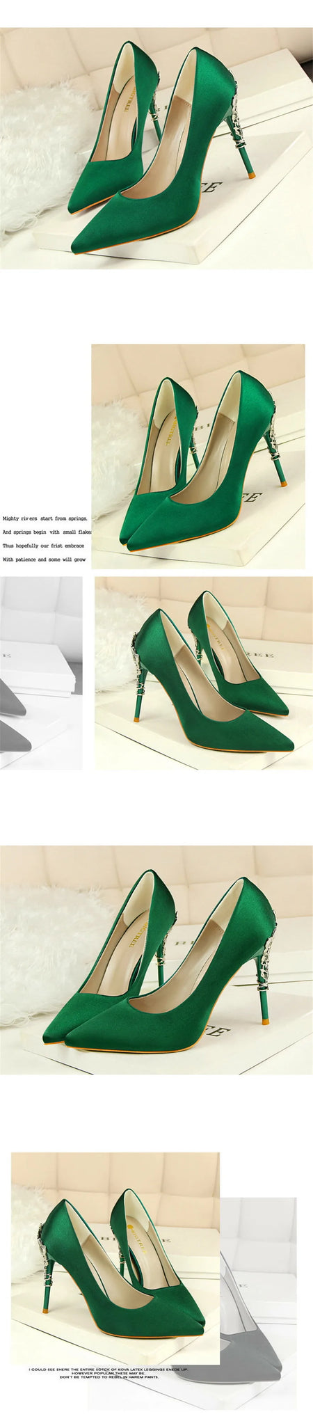 Elegant Metal Carved Heel Pumps – Silk Pointed Toe High Heels for Women