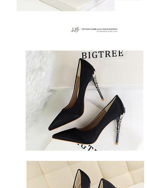 Load image into Gallery viewer, Elegant Metal Carved Heel Pumps – Silk Pointed Toe High Heels for Women
