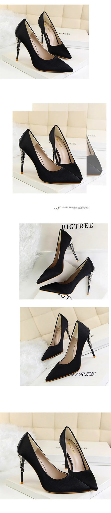 Elegant Metal Carved Heel Pumps – Silk Pointed Toe High Heels for Women