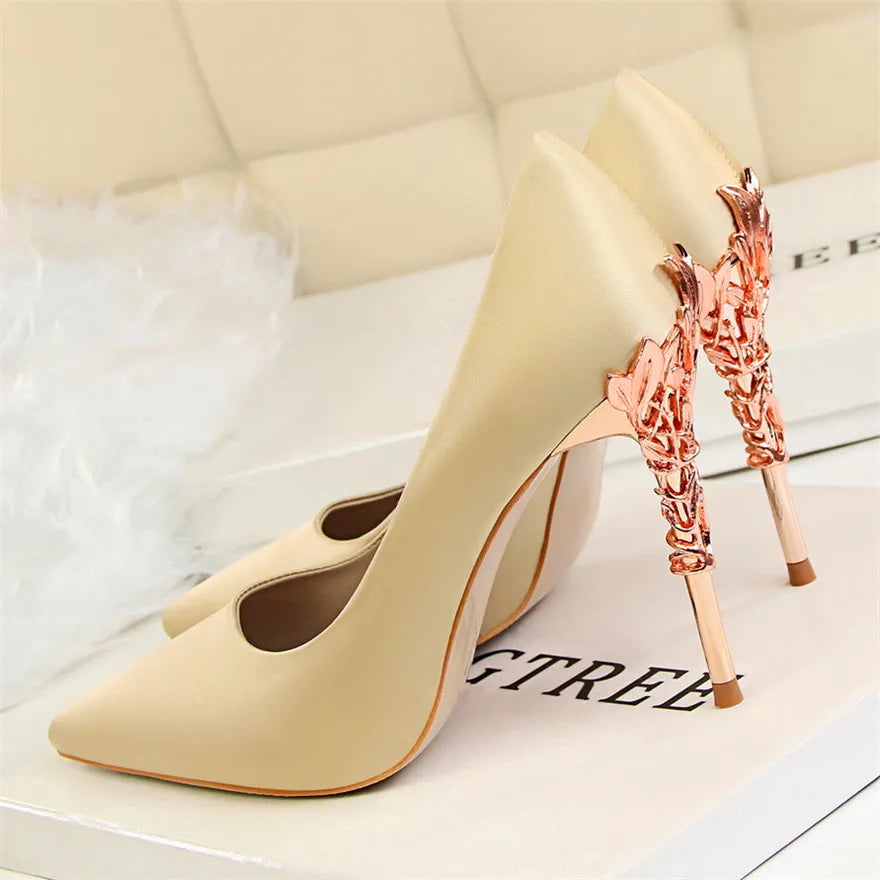 Elegant Metal Carved Heel Pumps – Silk Pointed Toe High Heels for Women