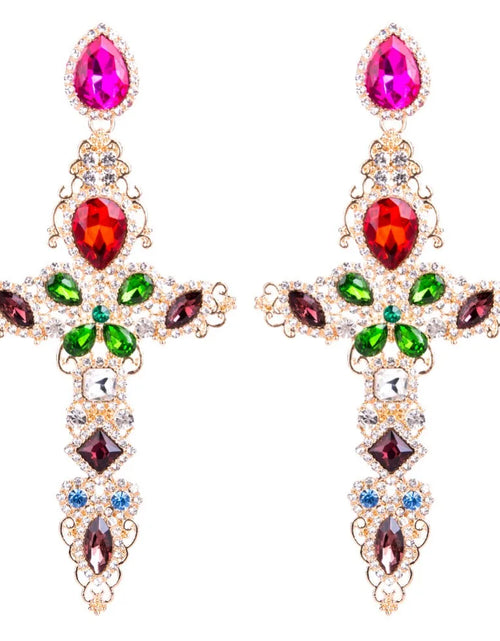 Load image into Gallery viewer, Baroque Large Cross Earrings – Luxury Rhinestone Dangle Earrings for Women
