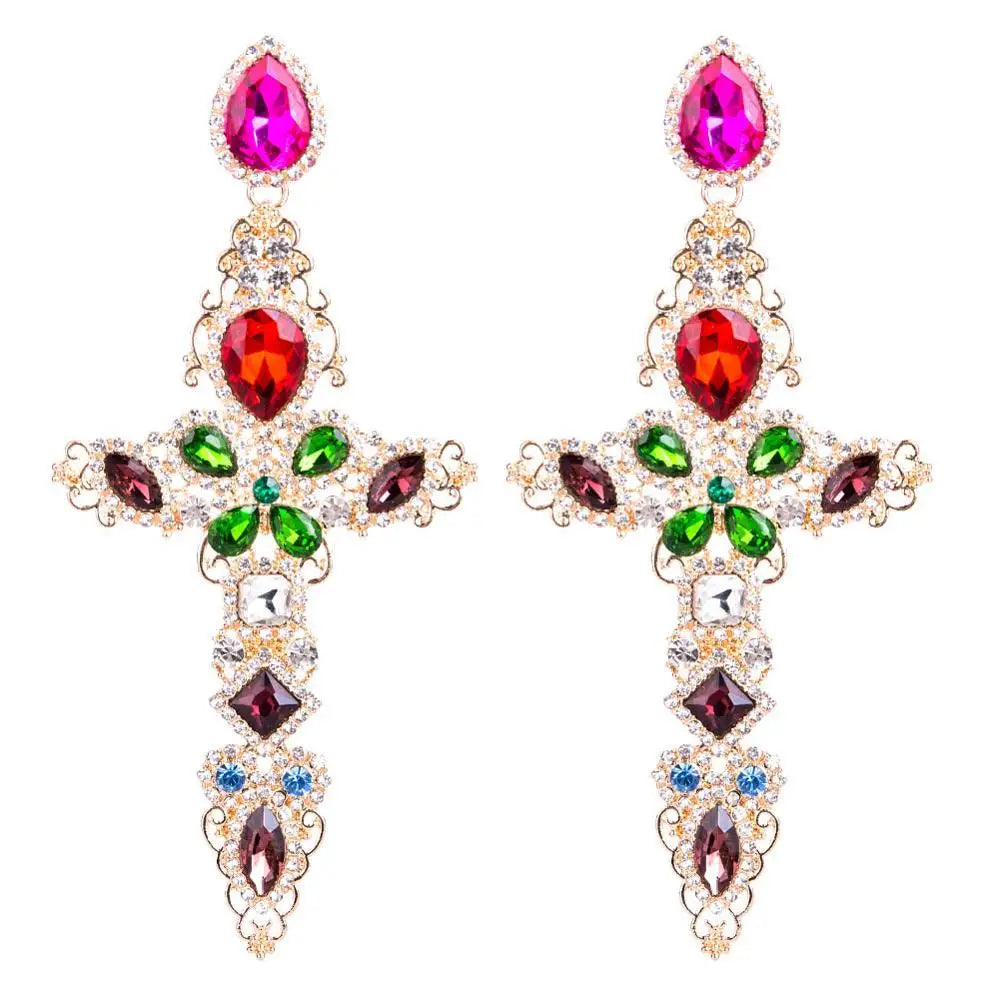 Baroque Large Cross Earrings – Luxury Rhinestone Dangle Earrings for Women