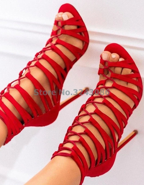 Load image into Gallery viewer, Fierce Elegance: Red Hollow-Out Gladiator Lace-Up High Heel Sandals
