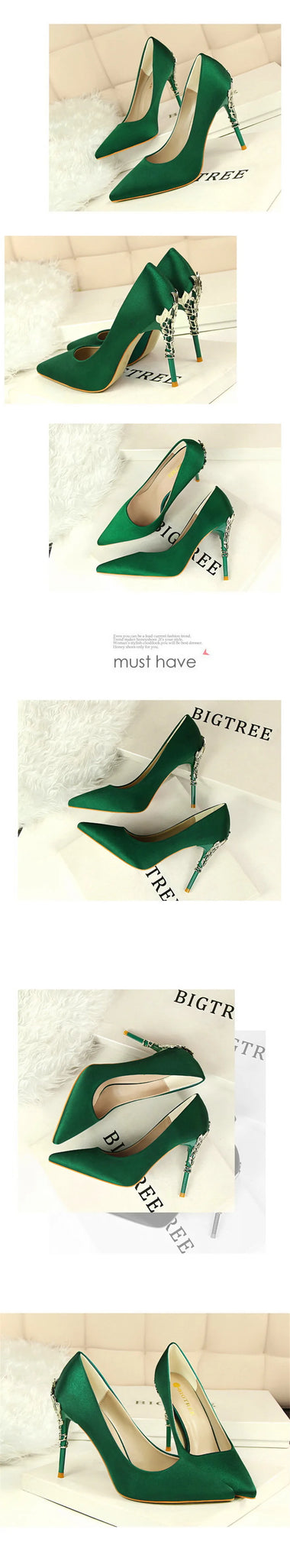 Elegant Metal Carved Heel Pumps – Silk Pointed Toe High Heels for Women