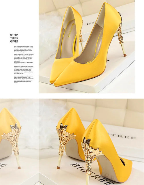 Load image into Gallery viewer, Elegant Metal Carved Heel Pumps – Silk Pointed Toe High Heels for Women
