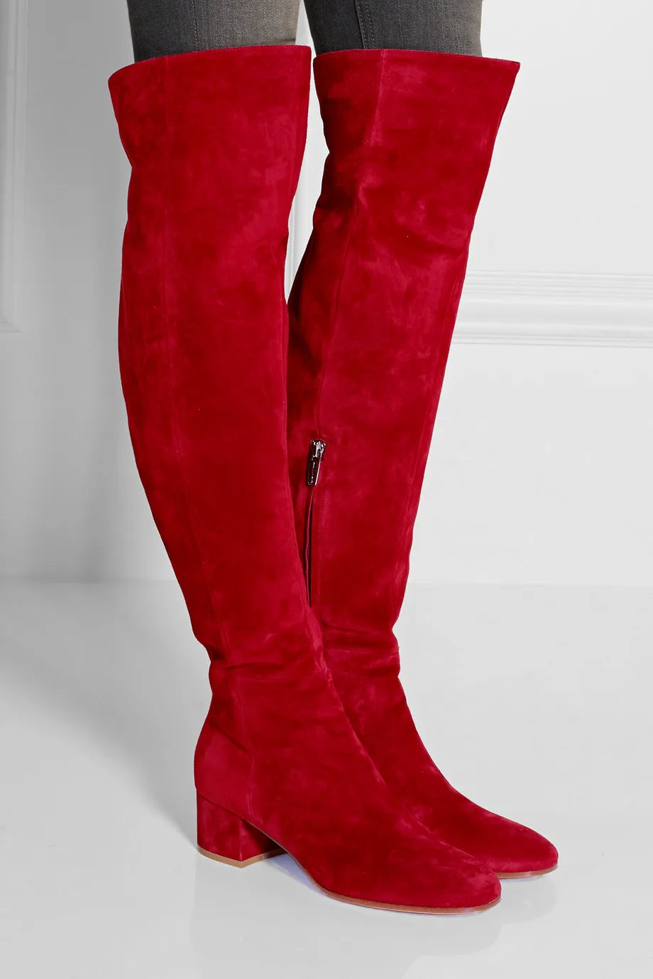 Winter Red Suede Over-The-Knee Boots – Stylish Round Toe, Thick Heels High Boots for Women