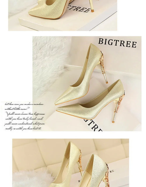 Load image into Gallery viewer, Elegant Metal Carved Heel Pumps – Silk Pointed Toe High Heels for Women
