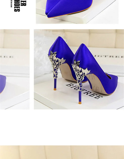 Load image into Gallery viewer, Elegant Metal Carved Heel Pumps – Silk Pointed Toe High Heels for Women
