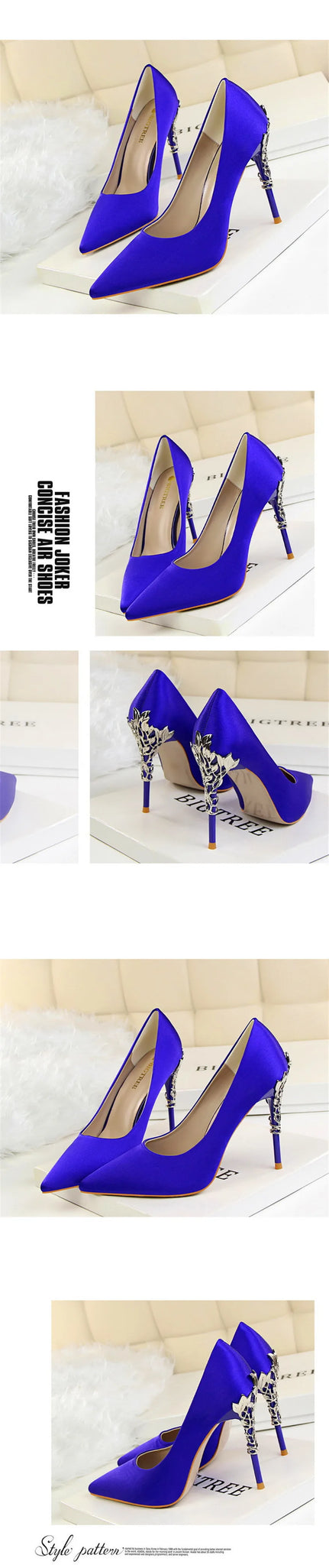 Elegant Metal Carved Heel Pumps – Silk Pointed Toe High Heels for Women