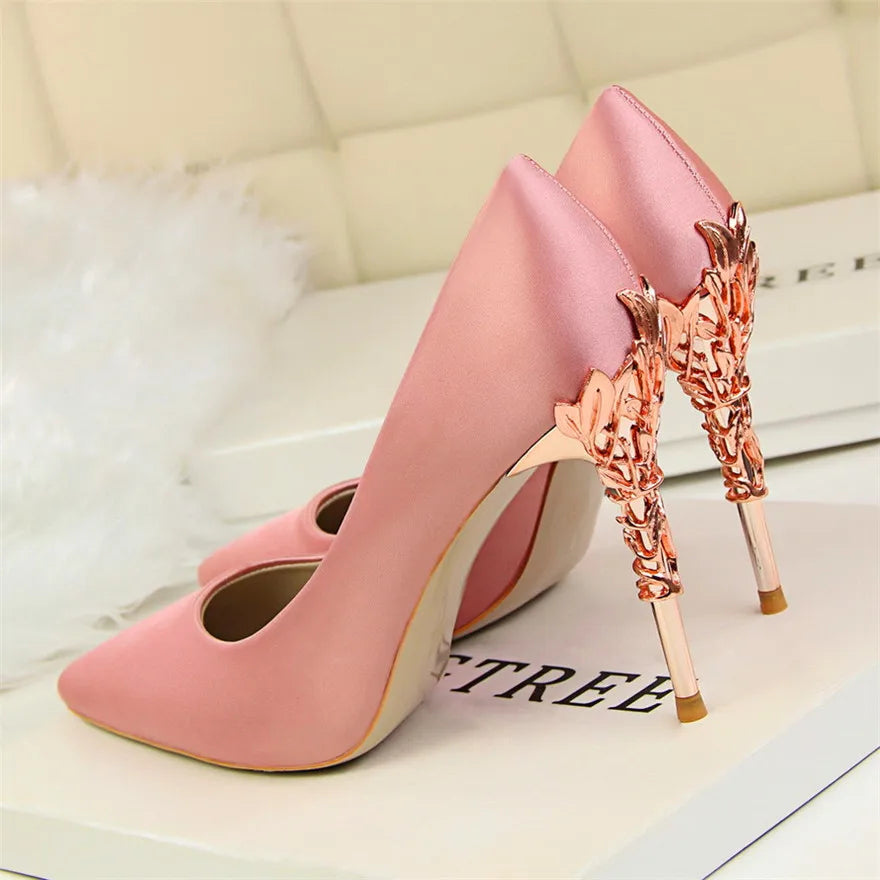 Elegant Metal Carved Heel Pumps – Silk Pointed Toe High Heels for Women