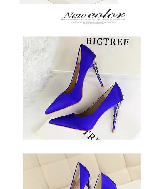 Load image into Gallery viewer, Elegant Metal Carved Heel Pumps – Silk Pointed Toe High Heels for Women
