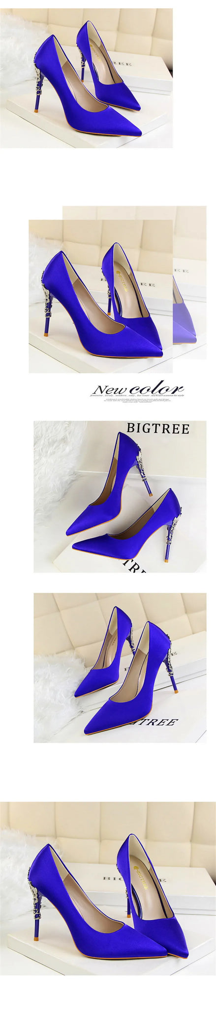 Elegant Metal Carved Heel Pumps – Silk Pointed Toe High Heels for Women