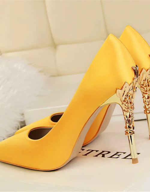 Load image into Gallery viewer, Elegant Metal Carved Heel Pumps – Silk Pointed Toe High Heels for Women
