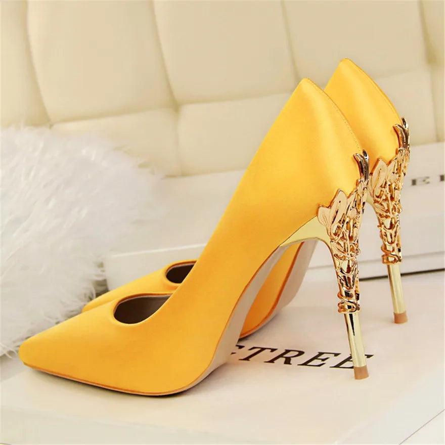 Elegant Metal Carved Heel Pumps – Silk Pointed Toe High Heels for Women