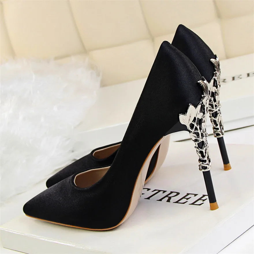 Elegant Metal Carved Heel Pumps – Silk Pointed Toe High Heels for Women