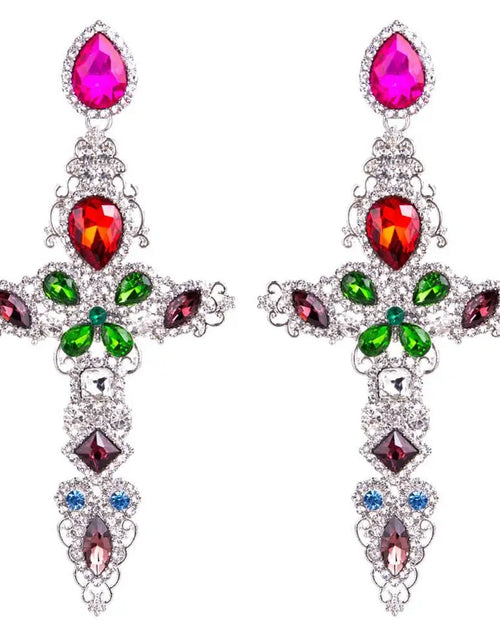 Load image into Gallery viewer, Baroque Large Cross Earrings – Luxury Rhinestone Dangle Earrings for Women
