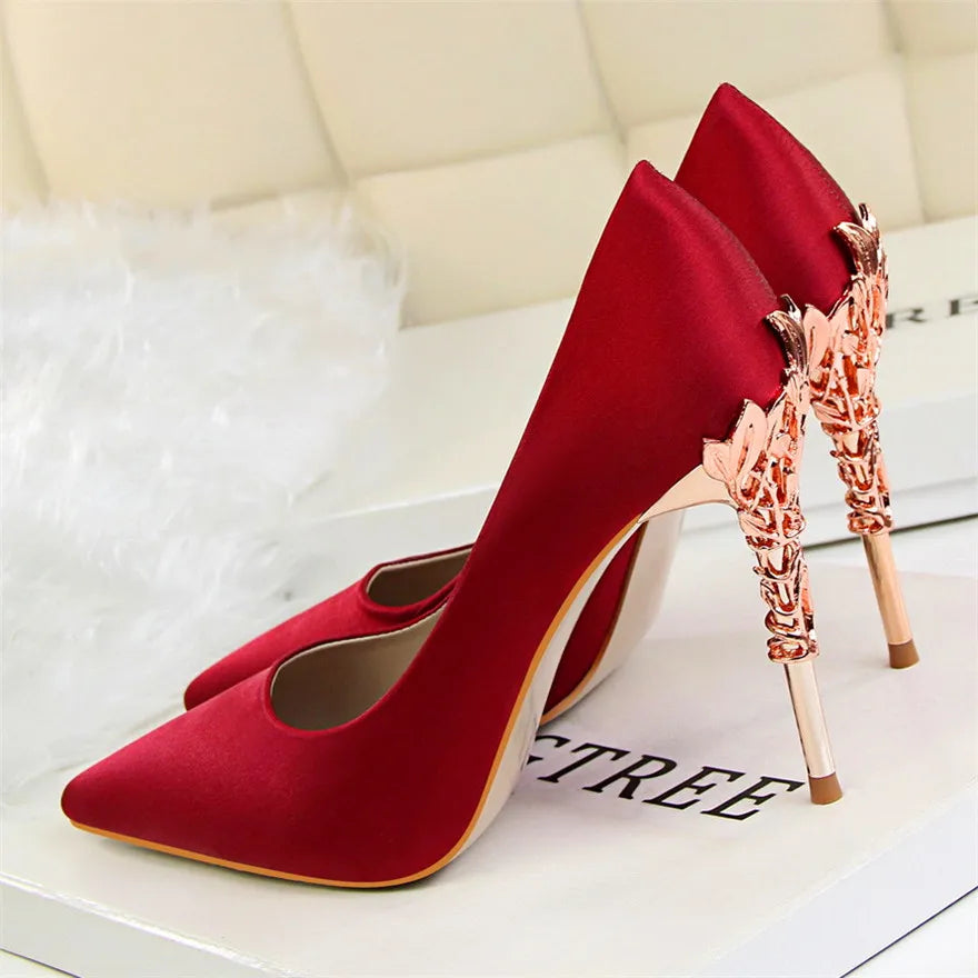 Elegant Metal Carved Heel Pumps – Silk Pointed Toe High Heels for Women