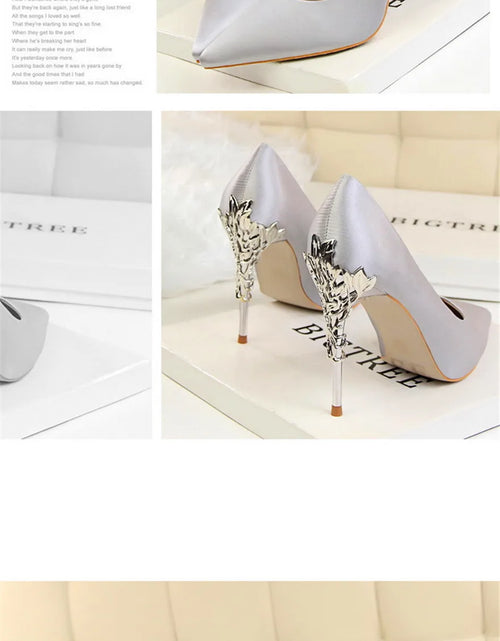 Load image into Gallery viewer, Elegant Metal Carved Heel Pumps – Silk Pointed Toe High Heels for Women
