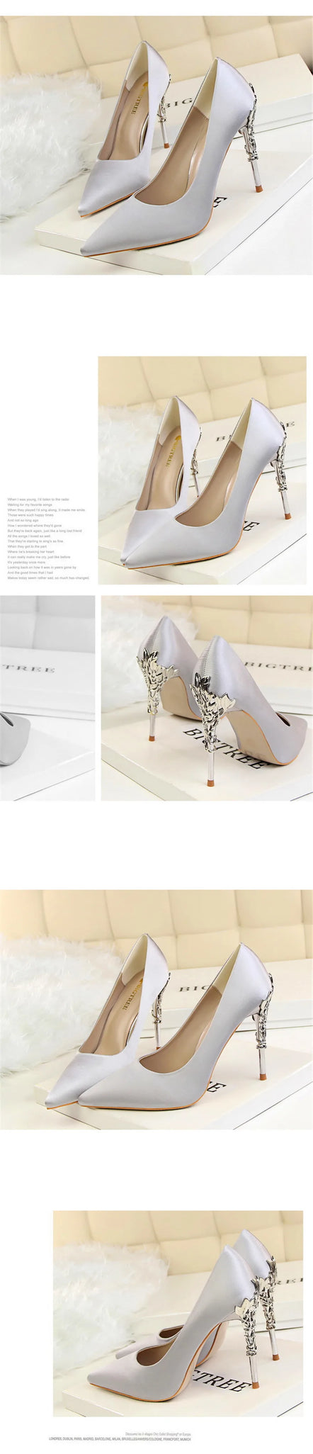 Elegant Metal Carved Heel Pumps – Silk Pointed Toe High Heels for Women