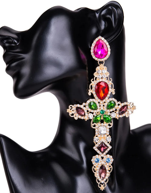 Load image into Gallery viewer, Baroque Large Cross Earrings – Luxury Rhinestone Dangle Earrings for Women
