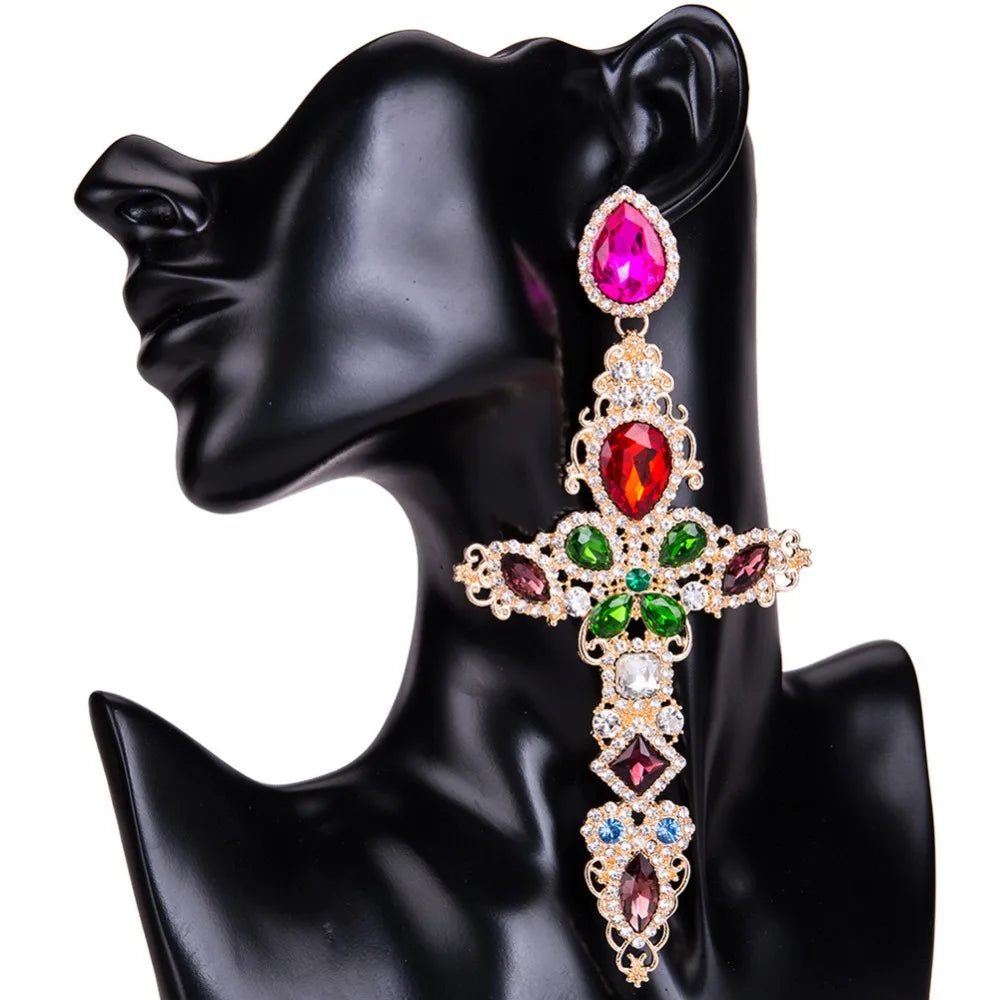 Baroque Large Cross Earrings – Luxury Rhinestone Dangle Earrings for Women