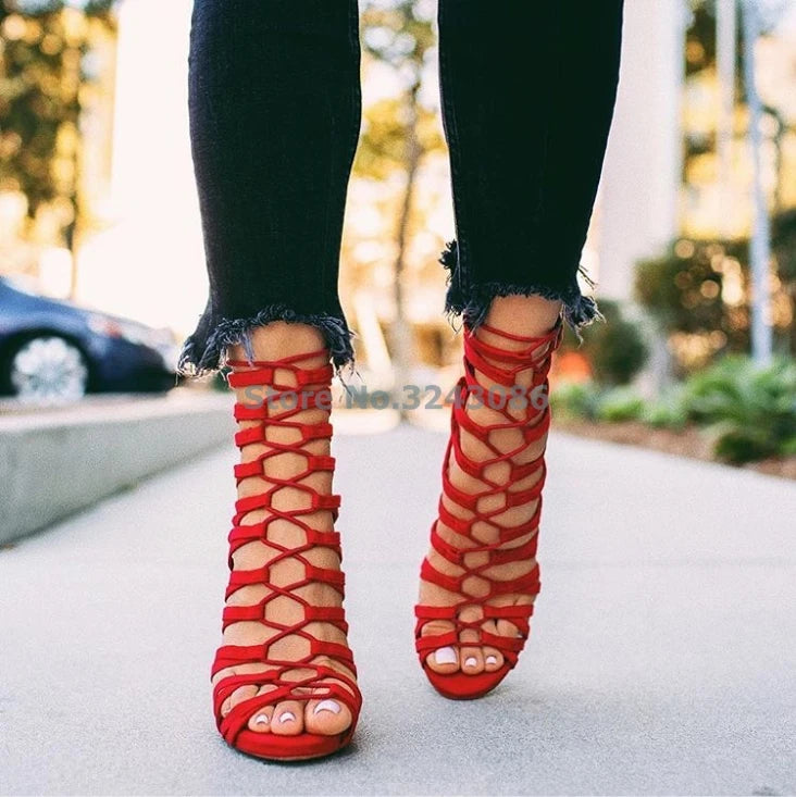 Fierce Elegance: Red Hollow-Out Gladiator Lace-Up High Heel Sandals