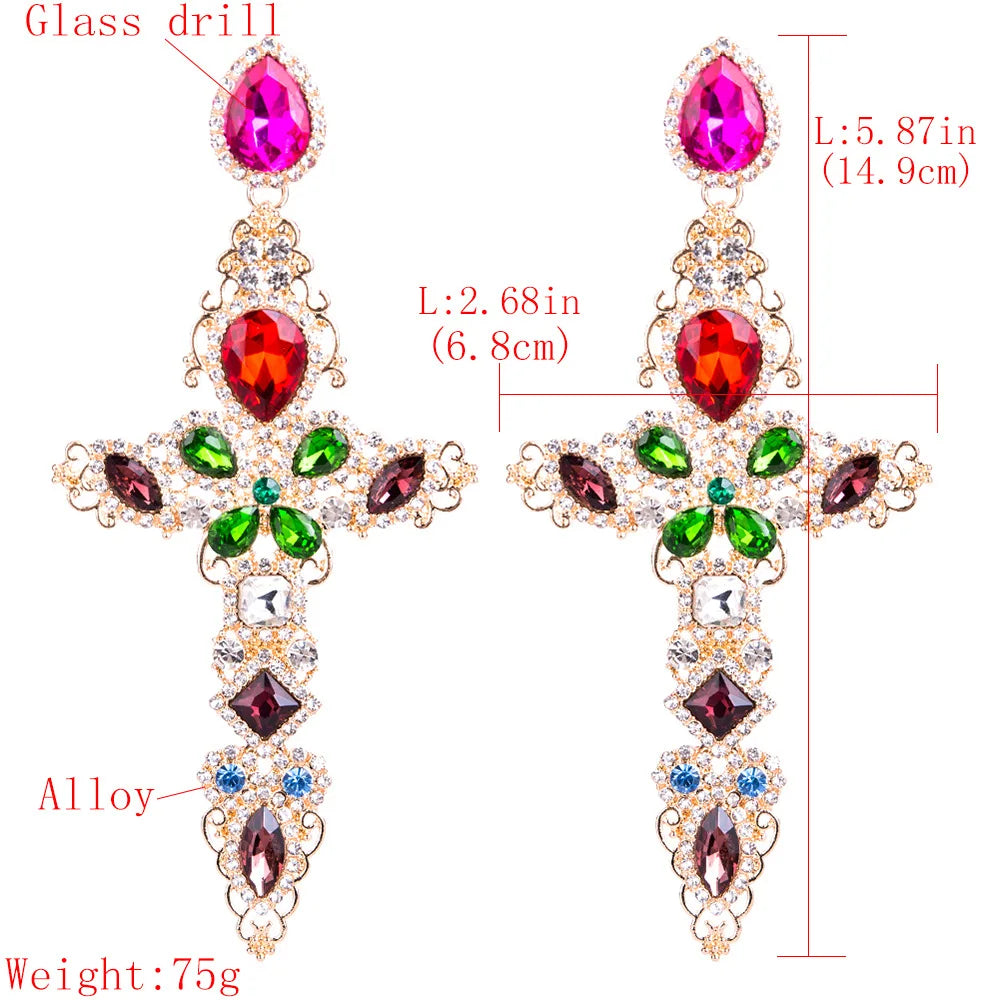 Baroque Large Cross Earrings – Luxury Rhinestone Dangle Earrings for Women