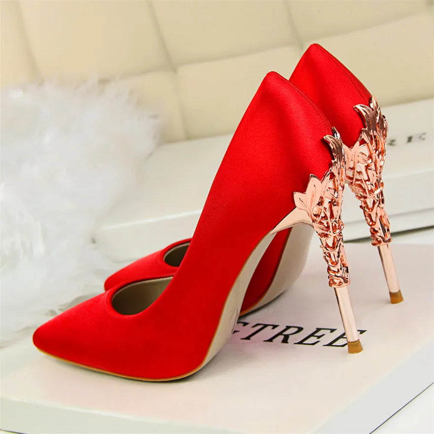 Elegant Metal Carved Heel Pumps – Silk Pointed Toe High Heels for Women