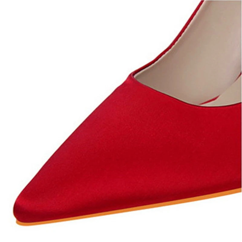 Elegant Metal Carved Heel Pumps – Silk Pointed Toe High Heels for Women