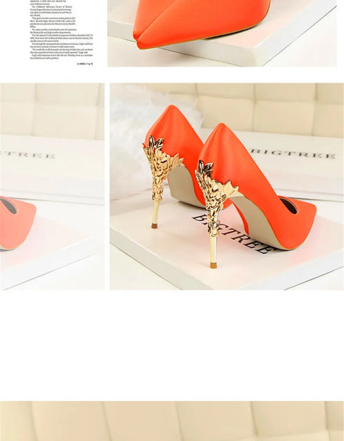 Load image into Gallery viewer, Elegant Metal Carved Heel Pumps – Silk Pointed Toe High Heels for Women
