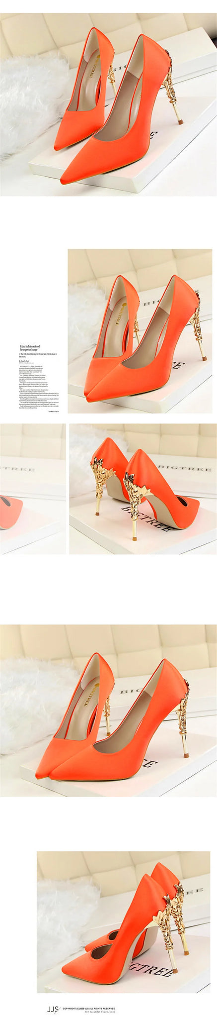 Elegant Metal Carved Heel Pumps – Silk Pointed Toe High Heels for Women