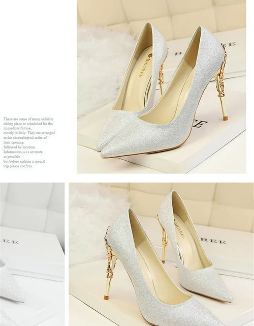 Load image into Gallery viewer, Elegant Metal Carved Heel Pumps – Silk Pointed Toe High Heels for Women
