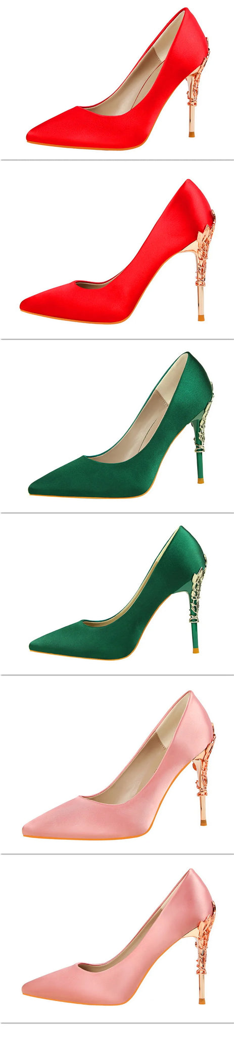 Elegant Metal Carved Heel Pumps – Silk Pointed Toe High Heels for Women