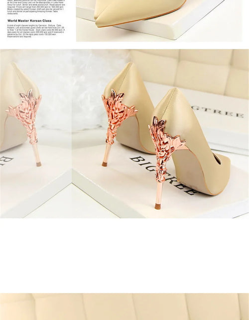 Load image into Gallery viewer, Elegant Metal Carved Heel Pumps – Silk Pointed Toe High Heels for Women
