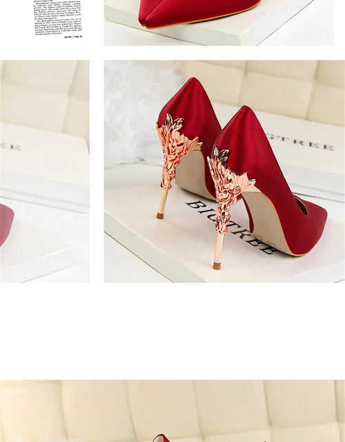 Load image into Gallery viewer, Elegant Metal Carved Heel Pumps – Silk Pointed Toe High Heels for Women
