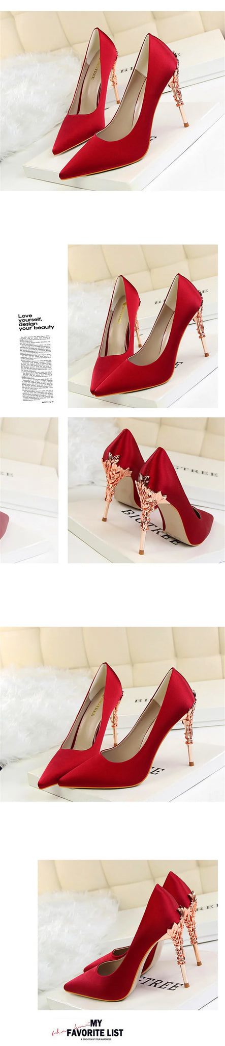 Elegant Metal Carved Heel Pumps – Silk Pointed Toe High Heels for Women