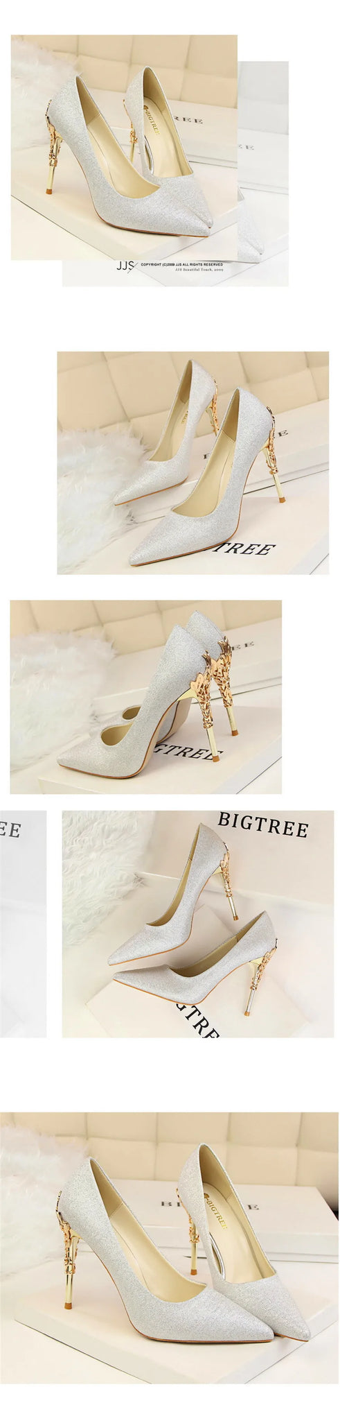 Elegant Metal Carved Heel Pumps – Silk Pointed Toe High Heels for Women